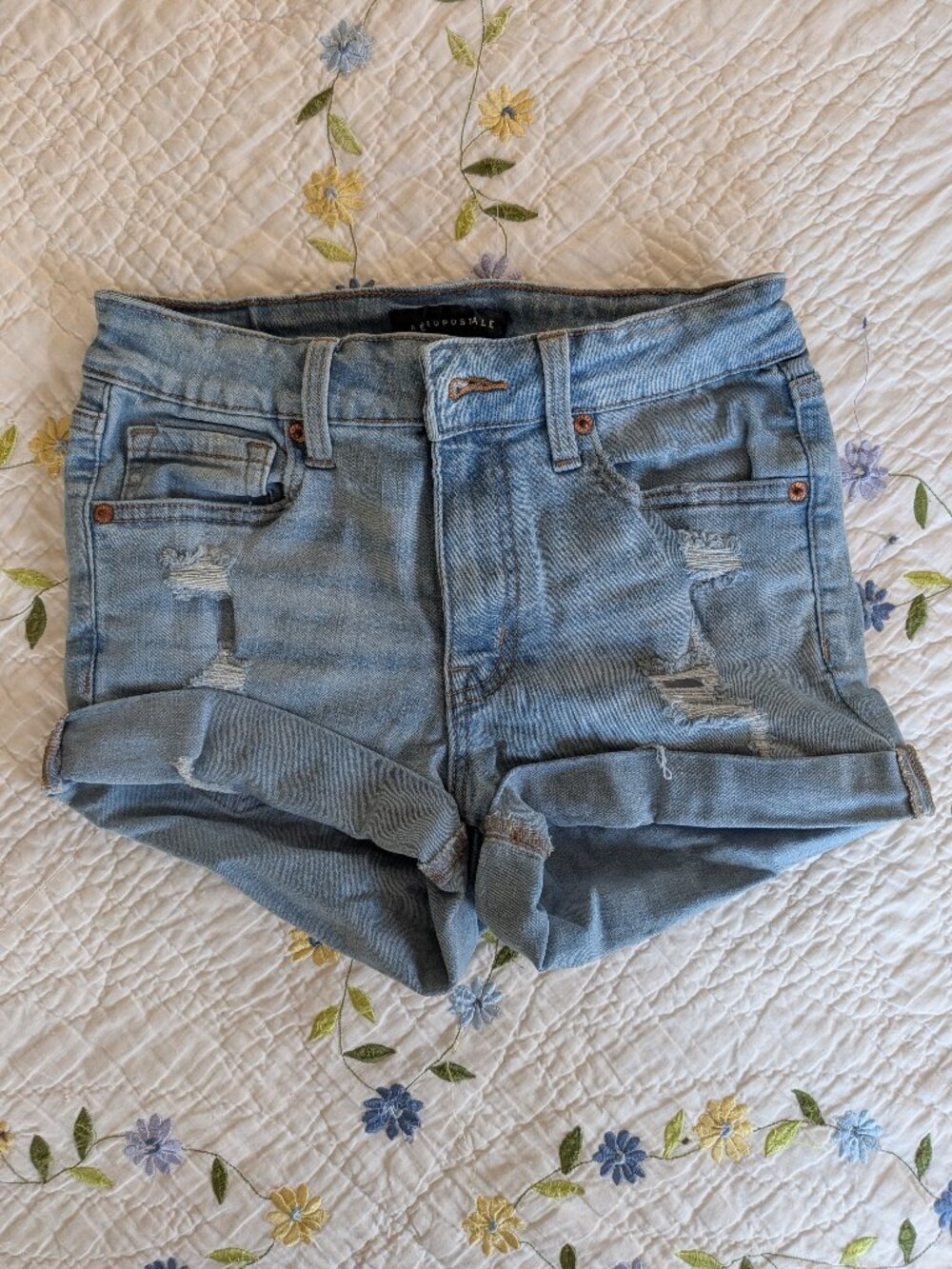 Aeropostal High Rise Midi Med Blue Ripped Shorts Women's Sz 2
